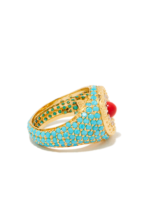 Arabesque Pinky Ring, 18K Gold with Coral & Diamonds